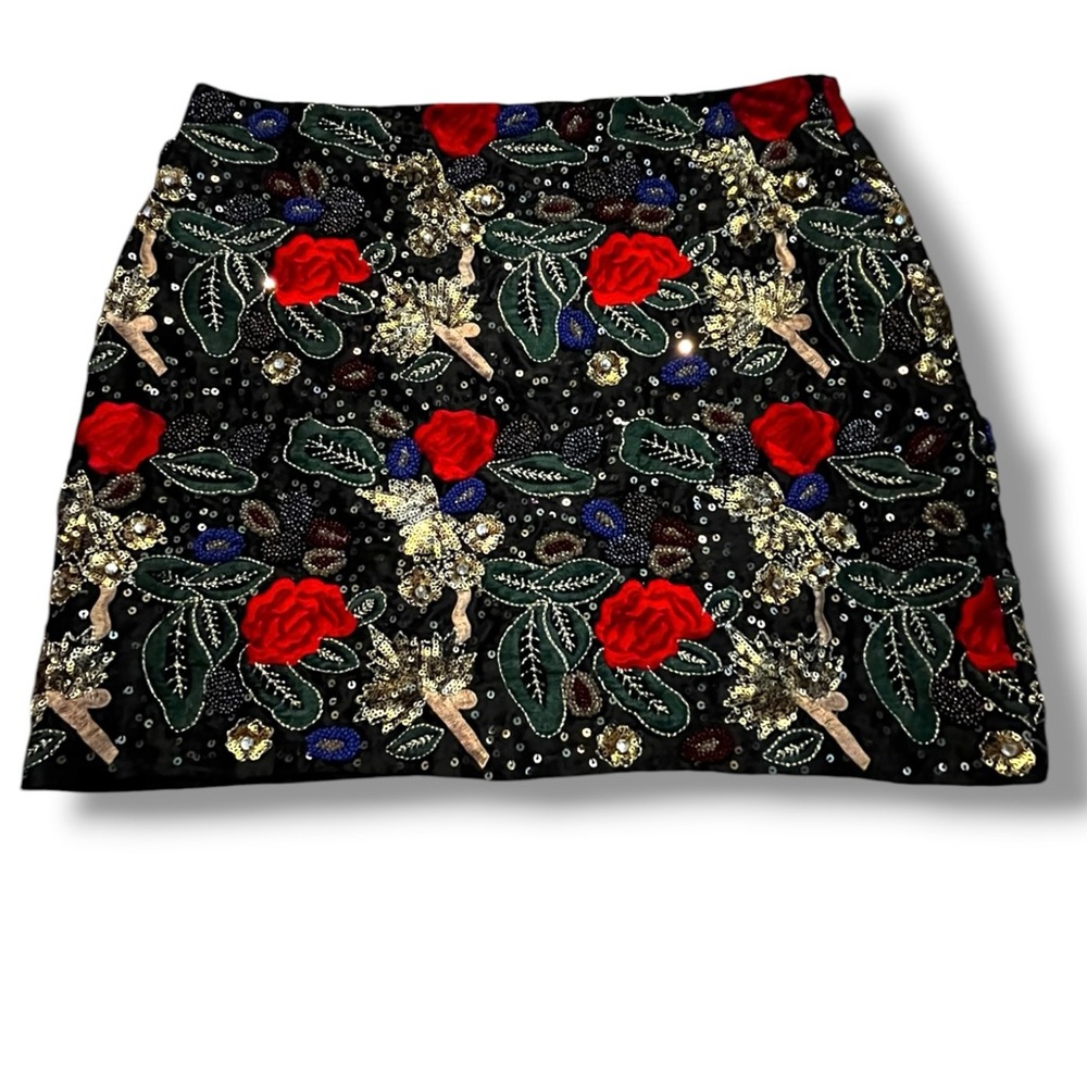 Boston Proper Embellished Floral Mini Skirt SZ 8 Embroidered Beaded Black Satin